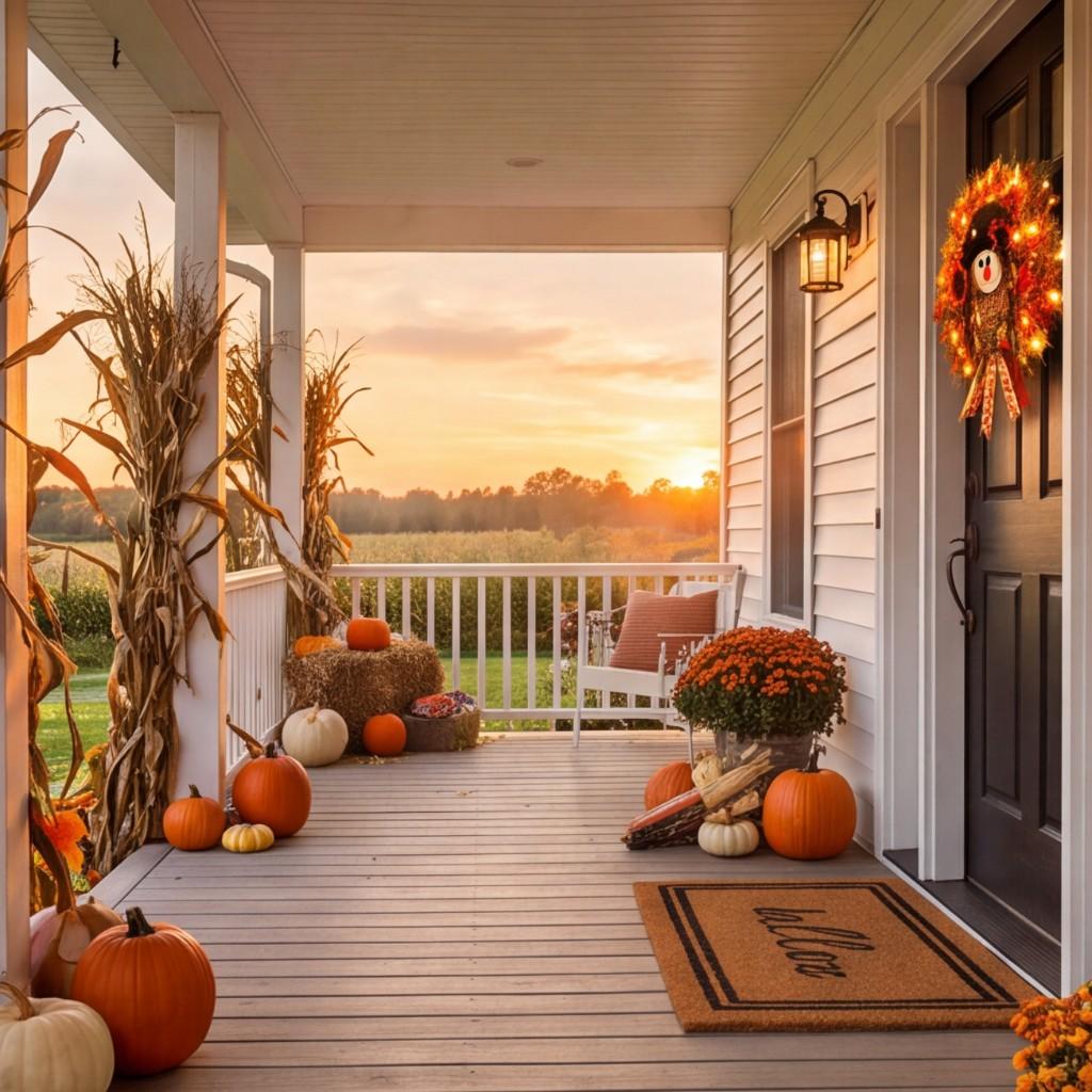 Lighted Scarecrow Fall Wreath 18 Inch Autumn Halloween Thanksgiving Decor with Warm White LED for Front Door Wall Fireplace Covered Porch Farmhouse