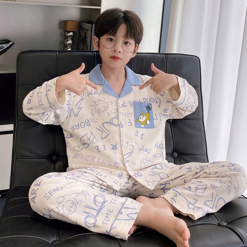 Boys Cotton Pajama Set Long Sleeve Open Front Cartoon Print Home Wear Kids Teens