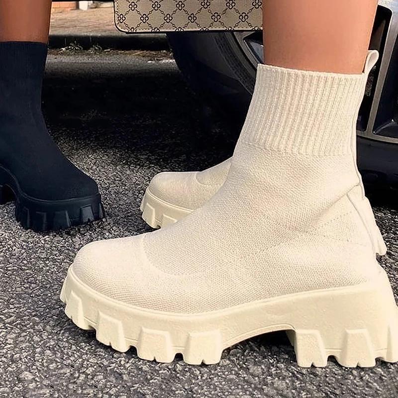 Весна 2024 Новые туфли на платформе Модные женские мотоциклетные ботинки Большие размеры Ботинки-носки Дышащая повседневная обувь для женщин Ботинки