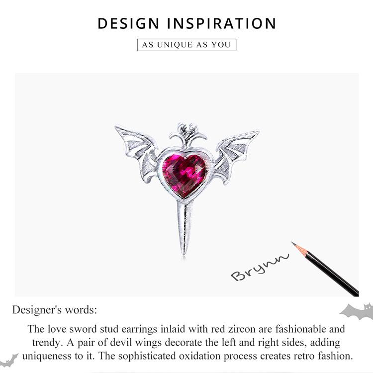 BAMOER, 1 шт., стерлинговое серебро 925 пробы, красивые серьги с цирконием и кинжалом в форме алого сердца для крутых девочек