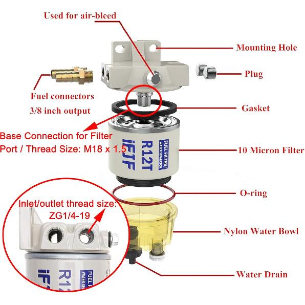 IFJF R12T Fuel Water Separator Marine 120AT NPT ZG1/4-19 Automotive Parts With Fitting -Complete Combo Filter Diesel Engine(Includes 2 Fittings,2