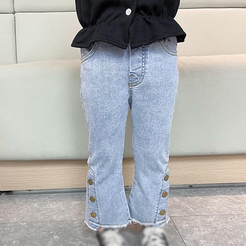 Джинсы для маленьких девочек, повседневные расклешенные брюки с эластичной талией, милые джинсовые джинсы, брюки-клеш с карманами, От 3 до 8 лет