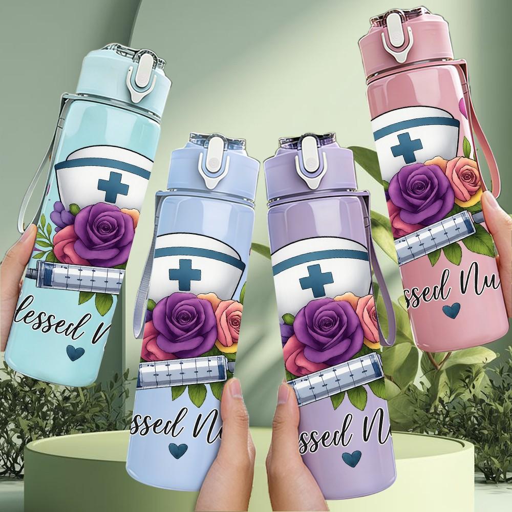 1PC Blessed Nurse Flower Badge 750ml Color Plastic Sports Water Bottle Leakproof Flip Straw Lid Suitable for Sports Office Home Use