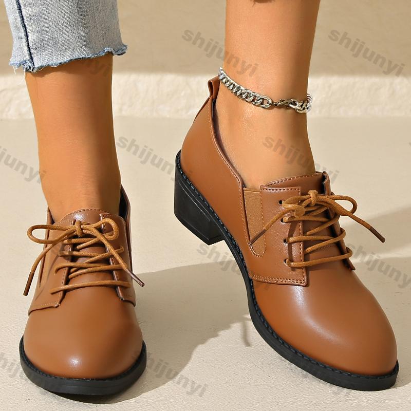 Женские элегантные туфли на массивном каблуке со шнуровкой, модные однотонные кожаные туфли, женские черные туфли-лодочки с острым носком на среднем каблуке, большой размер 43