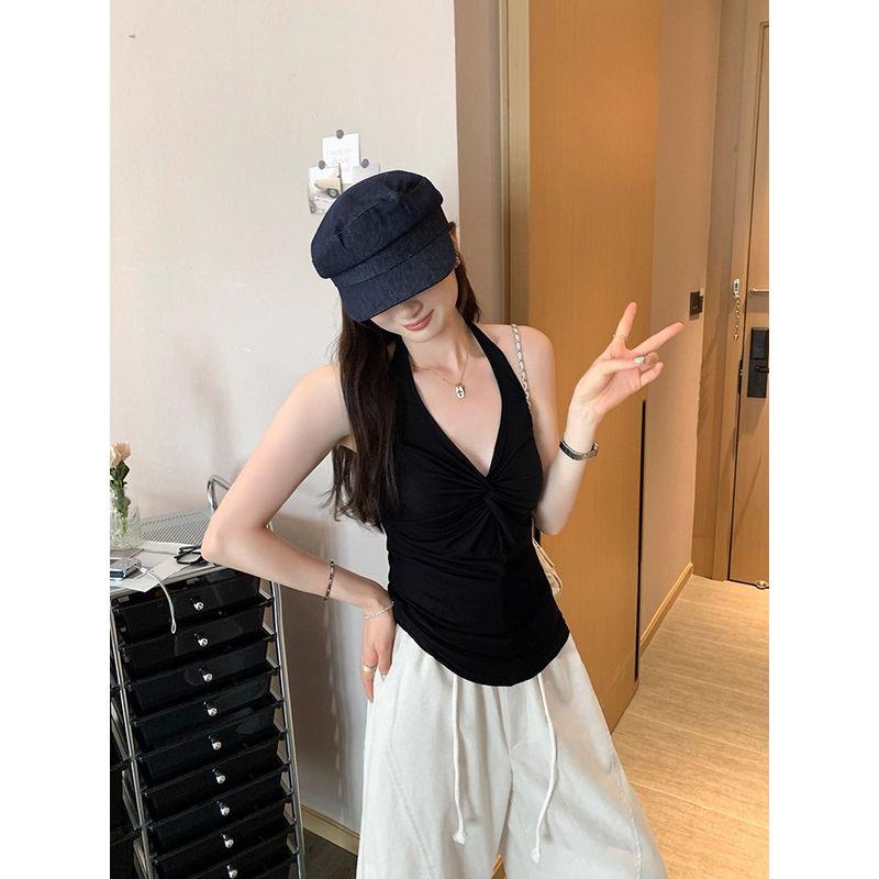 Kumikumi Gyaru Style White Kinked Hanging Neck Cami Women Summer Sexy Chic Slimming Backless Top