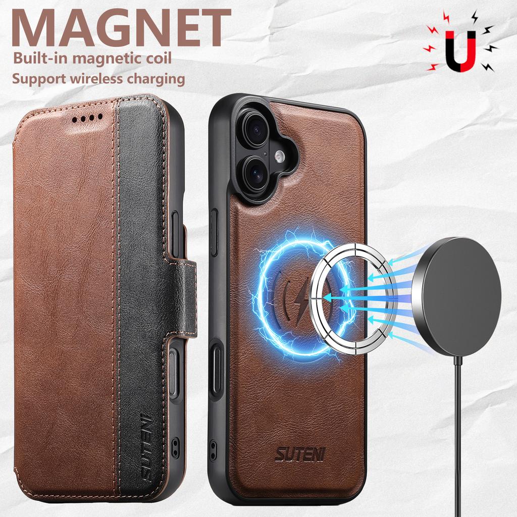 SUTENI Q-07 For iPhone 16 Case Magnetic Color Splicing Cowhide Texture Leather Cover