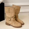 Fashion Stylish Studded Metal Pointed Toe Cow Suede Hair Sleeve Soft Sole Non-slip Wear-resistant Square Heel Mid-barrel Boots