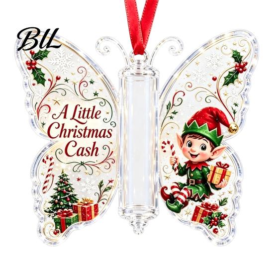 Holiday Party Hanging Decor Butterfly Cash Gift Ornament, Christmas Money Holder with Gifts for Family Friends Festive Print, Acrylic Tree Pendant