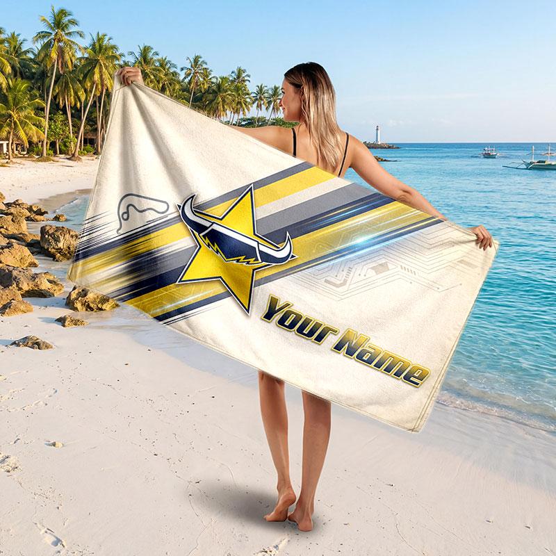 North Queensland Cowboys Customized Name Text Beach Towel, Soft Absorbent Towel Beach Pool Travel Personal Gift