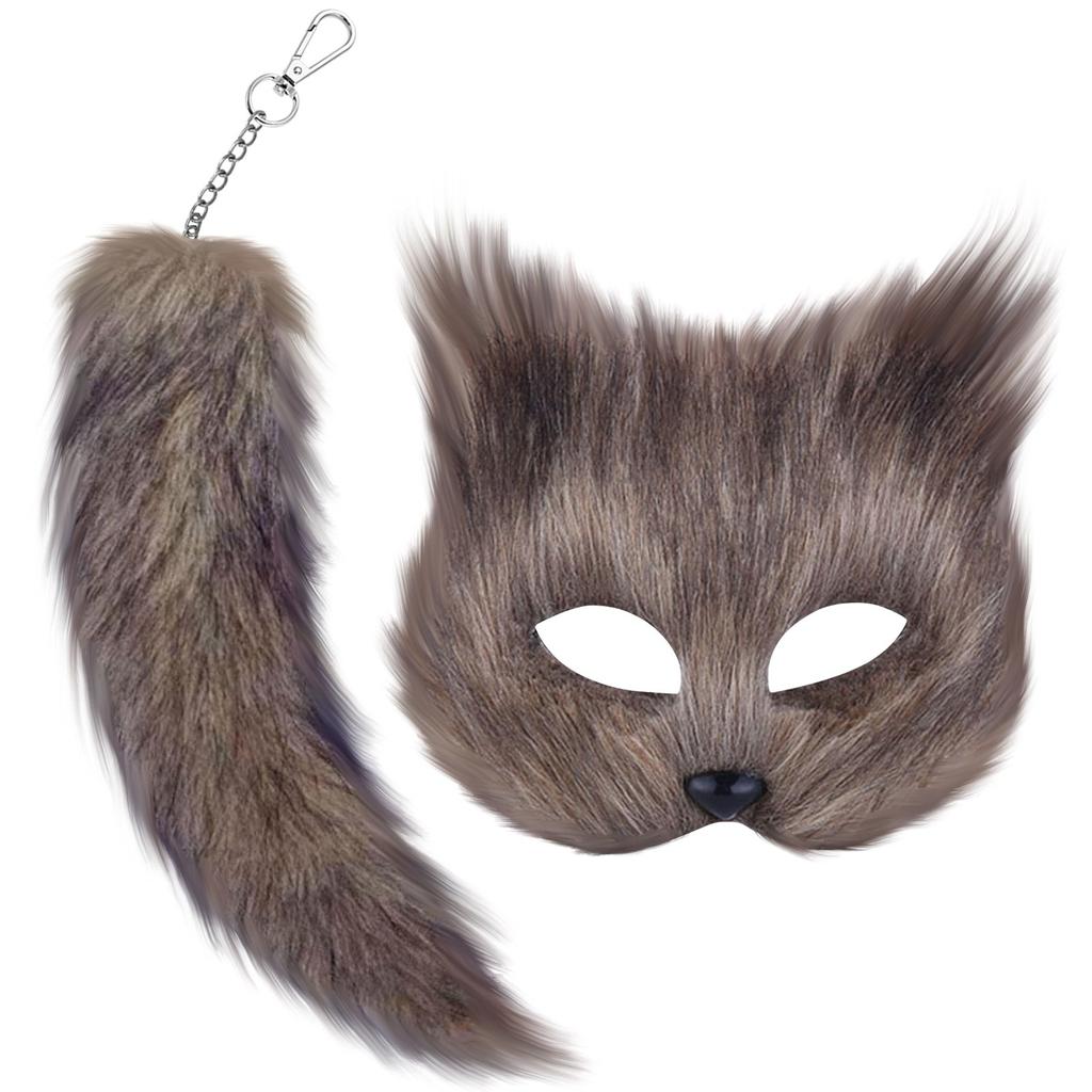 Терианская маска и комплект с хвостом на Хэллоуин, косплей, аксессуары для костюма, маска для кошек, хвост, половина лица, искусственный мех, лисий хвост, маска для кошек