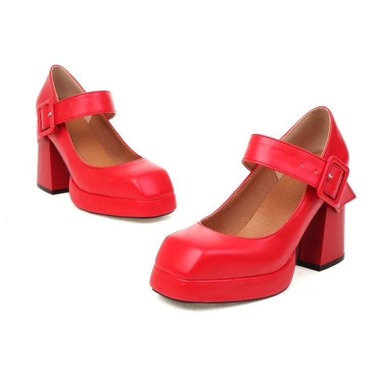 Женские туфли-лодочки из искусственной кожи на толстом высоком каблуке с квадратным носком, лаконичные вечерние туфли Мэри Джейн на весну и осень, черные, белые, красные туфли на платформе