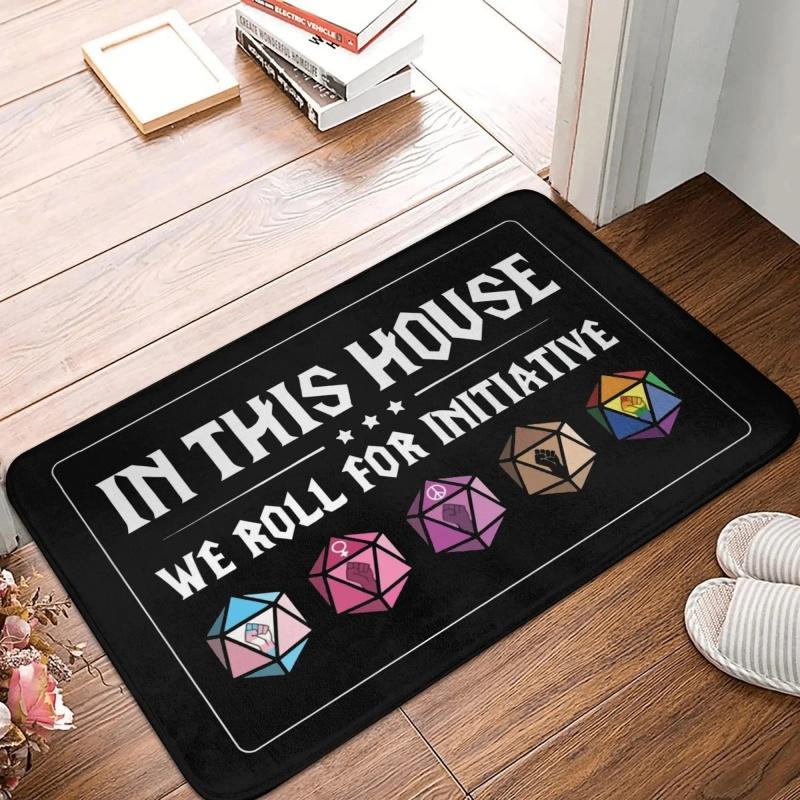 In This House We Roll For Initiative Rainbow Dice Print Doormat Non Slip Game Room Mat