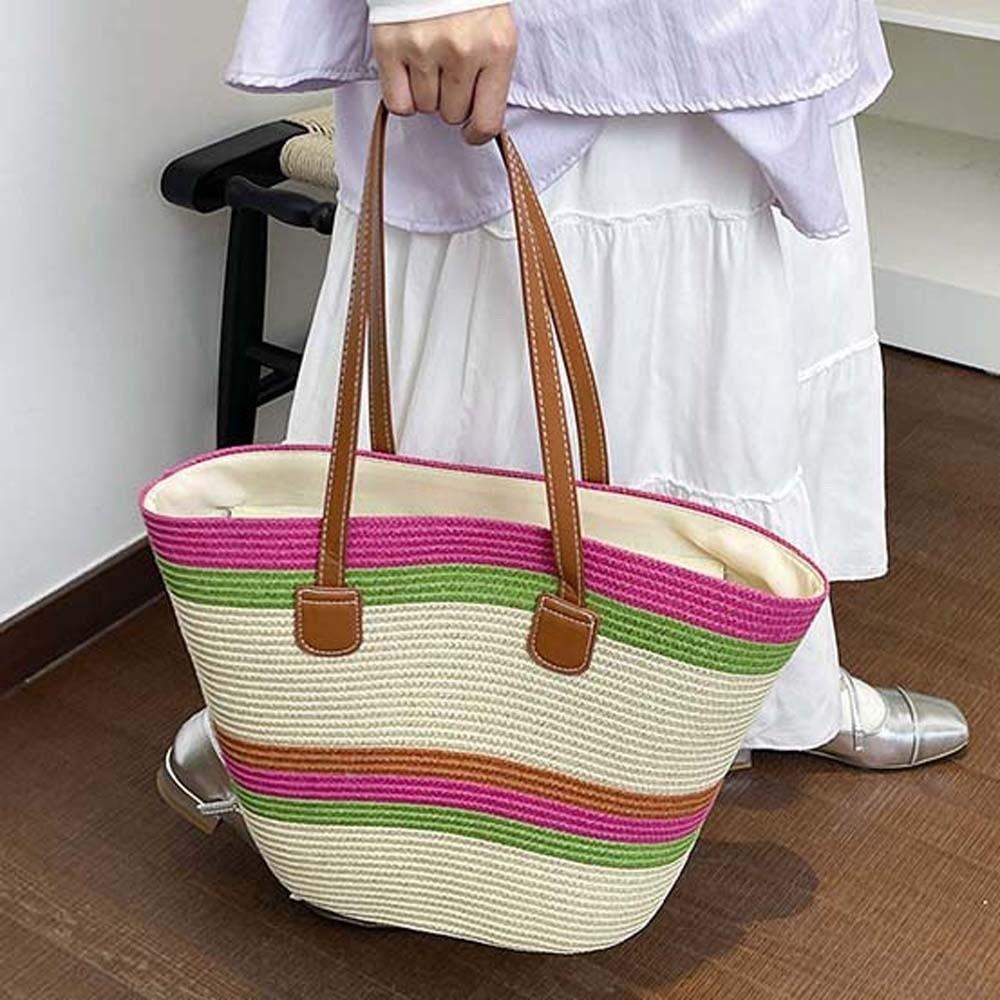 Large Capacity Shopping Straw Bag Polyester Summer Beach Handbag Stripe Woven Tote Bag Female