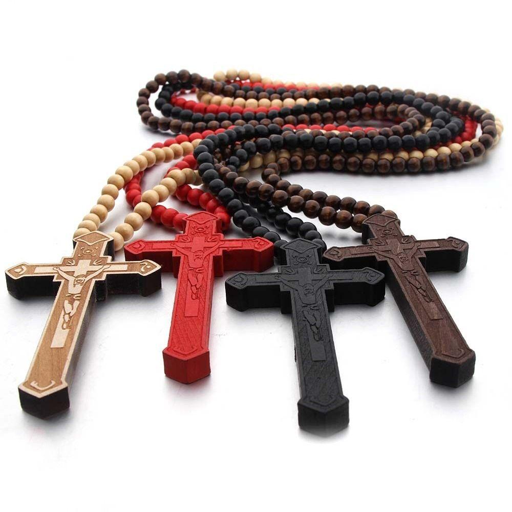 Religious Handmade Rosary Necklace Car Ornament Crucifix Pendant Chain Wood Beads Necklace Men