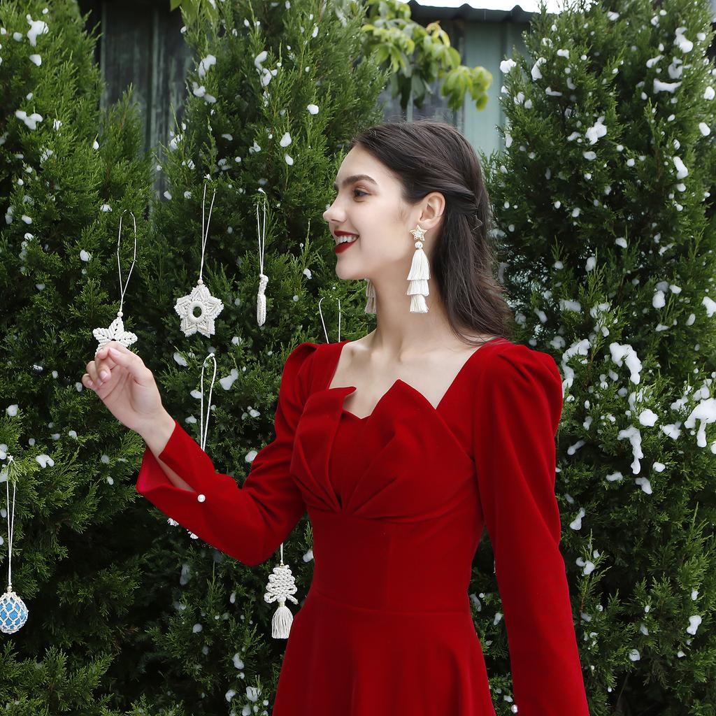 Осенние и зимние каникулы, длинные серьги с кисточками, легкие рождественские серьги ручной работы с пятиконечной звездой в цветущем стиле