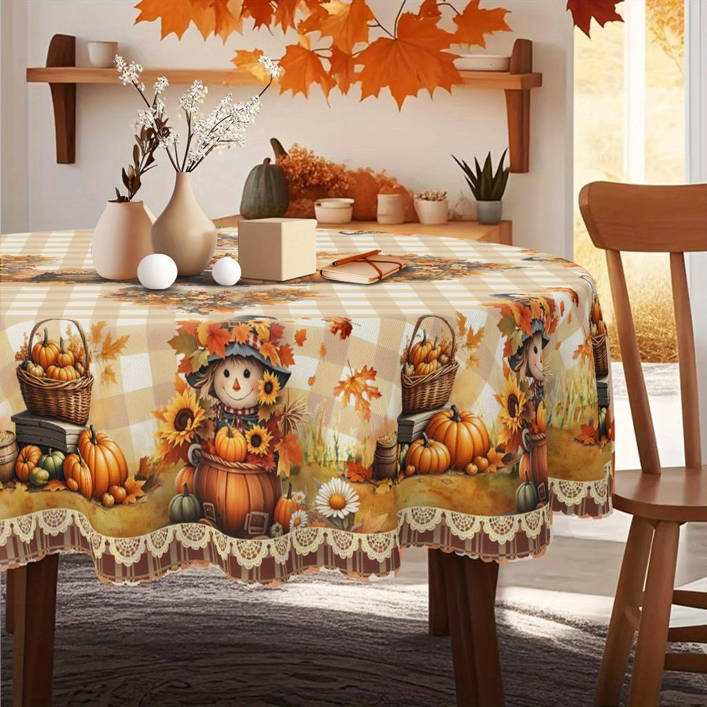 One autumn tablecloth, wooden barrel scarecrow and harvest tablecloth, with a rural style.zyc