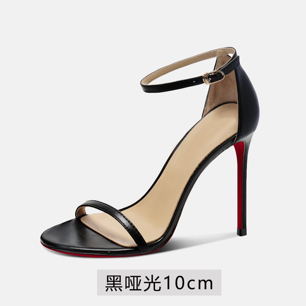 Black SW Flat High-heeled Sandals for Women, New Summer Popular, Same Style Ultra-fine Heel Red Sole High-heeled Shoes
