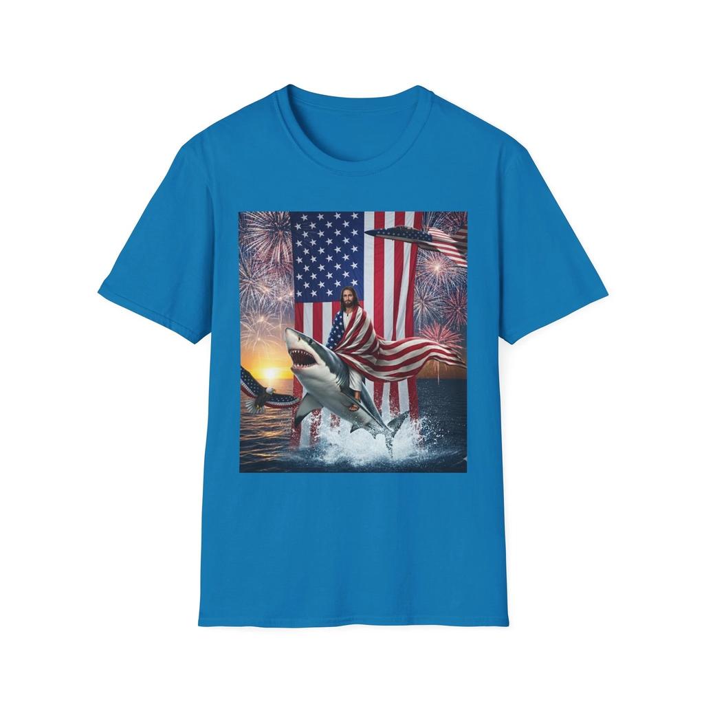 Patriotic Jesus Riding A Shark Funny Patriotic T-Shirt - Great Gift