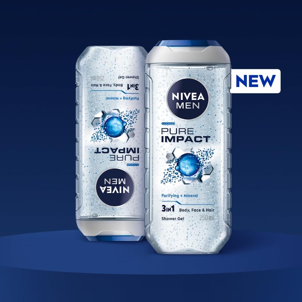 Nivea Мужской гель для душа Pure Impact 500 мл 3-в-1 для тела, лица и волос со свежим ароматом и увлажняющим очищением