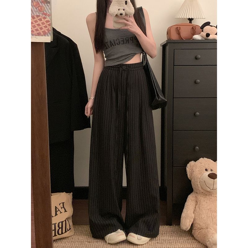 Kumikumi Stylish Drawstring Suit Pants Casual Pants Women Fall Striped Wide-Leg Pants Draping Mopping Pants Pants