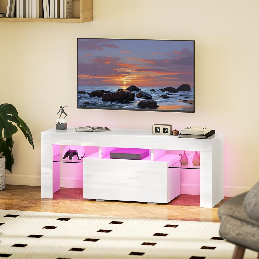 TV Cabinet TV Stand With RGB LED Lighting High Gloss Tempered Glass Shelves 120x34x45cm White
