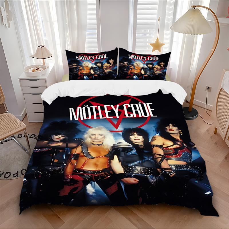 Набор пододеяльников Motley Crue, Glam Metal, 3 предмета - Можно стирать в машине, Включает 1 пододеяльник и 2 наволочки, Наполнитель не входит в комплект, Для дома, Все сезоны