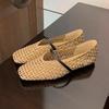Fashion New Square Toe Hollow-out Woven One-Strap Versatile Soft Slip Single Shoes Women's Soft Sole Non-Slip Flats