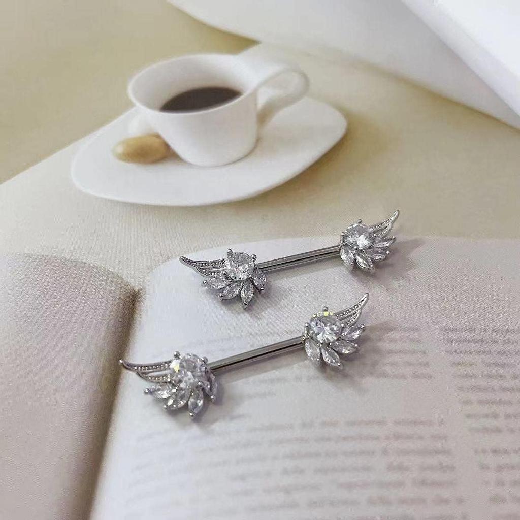 14G Крылья Ангела Кольцо Для Сосков Из Нержавеющей Стали Блестящий Кристалл Горный Хрусталь CZ Прямая Штанга Кольцо Для Языка Щипцы Защитная Полоса Пирсинг Украшения Для Тела