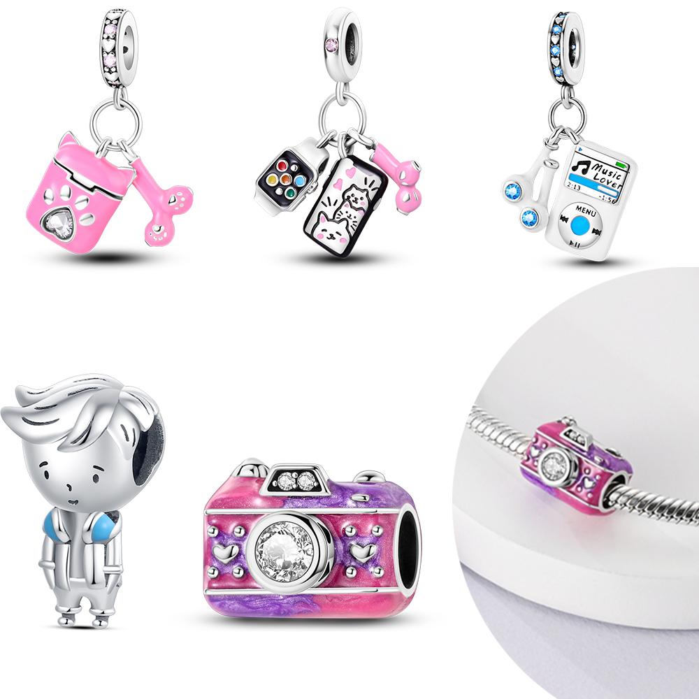 Plated 925 Silver Glazed powder purple camera Charms Fit 925 Charms Bracelet Beads Jewelry Gifts for Women