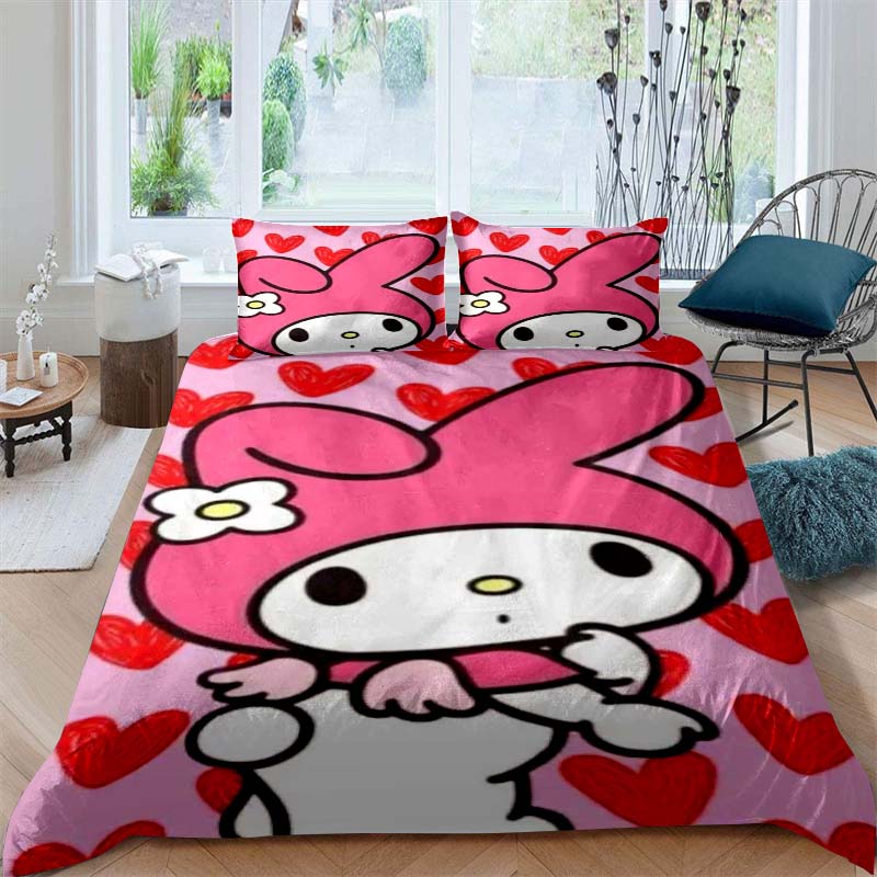 The My Melody cartoon-patterned three-piece bedding set, including a duvet cover and two pillowcases, is the perfect choice for