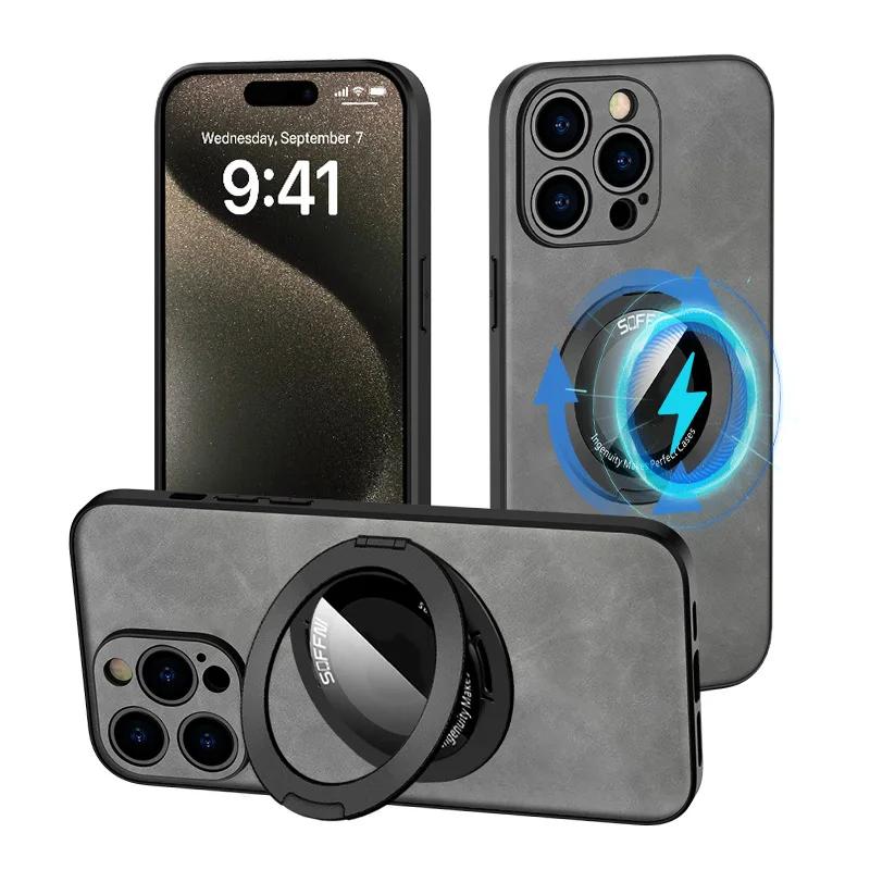 360 Магнитное кольцо с подставкой Роскошный кожаный чехол для телефона для IPhone 15 14 13 12 11 Pro Max Держатель Защитная Противоударная Крышка