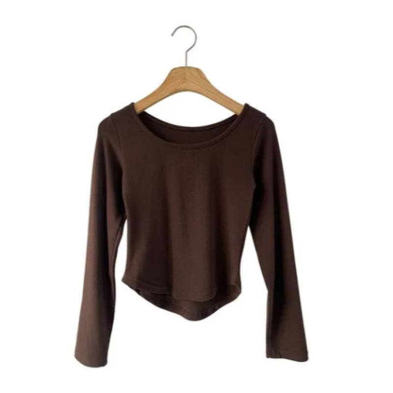 New Arrivals Open RUn Women Rayon Spandex U Neck Long Sleeve Crop T shirT Solid