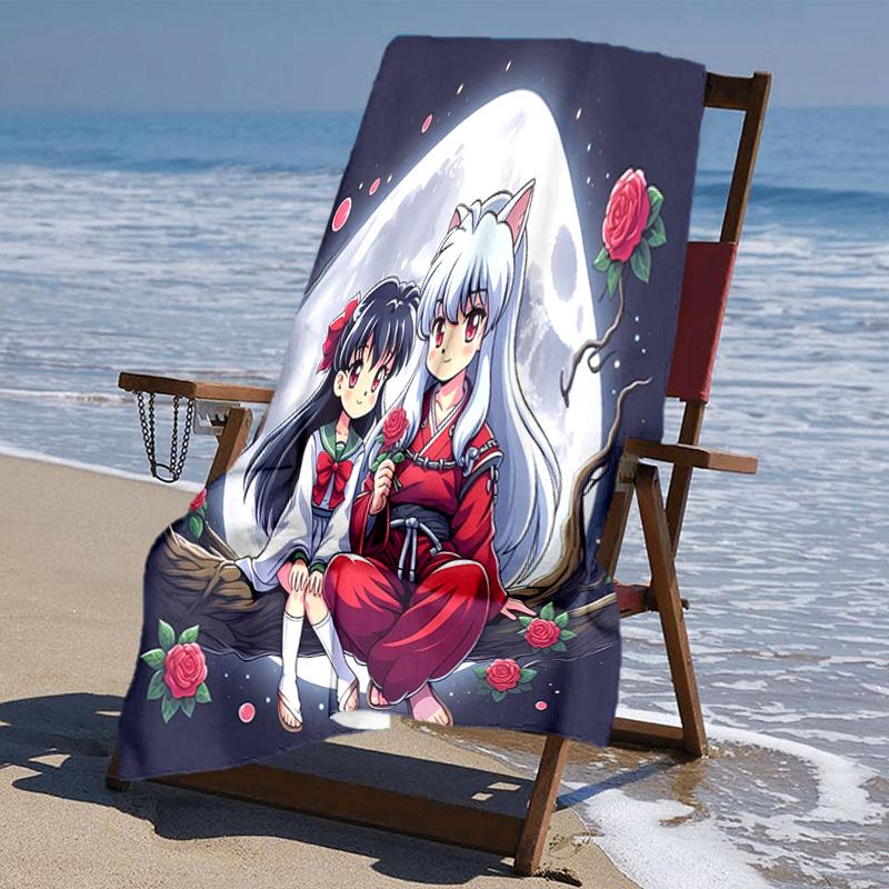 proof beach towel with Inuyasha & Kagome pattern - soft,absorbent,quick-drying,machine washable - perfect for swimming,camping,bathing