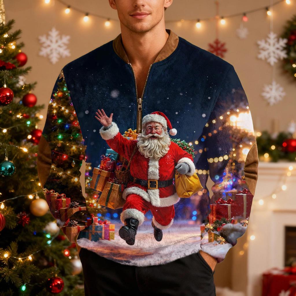 Мужской рождественский свитер на молнии, винтажный вязаный графический свитшот, рождественский пуловер со стойкой