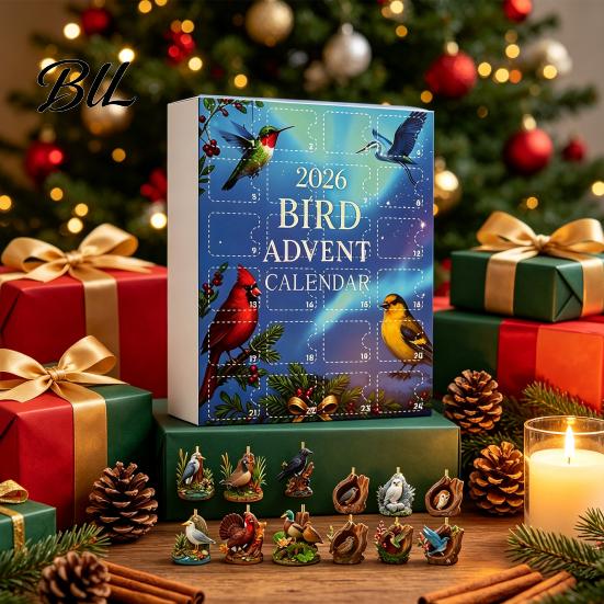 Christmas Window Decorations Bird Themed Advent Calendar, 24Pcs Acrylic 2D Ornament Set with Daily Calendar Box Hanging String, Tree Decor,