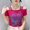 Уличный стиль Девушка Лето Блестящая футболка с цветком из страз Шикарная Сексуальная С открытыми плечами Блестящие футболки Новые Женские Роскошные Топы Рубашки с коротким рукавом