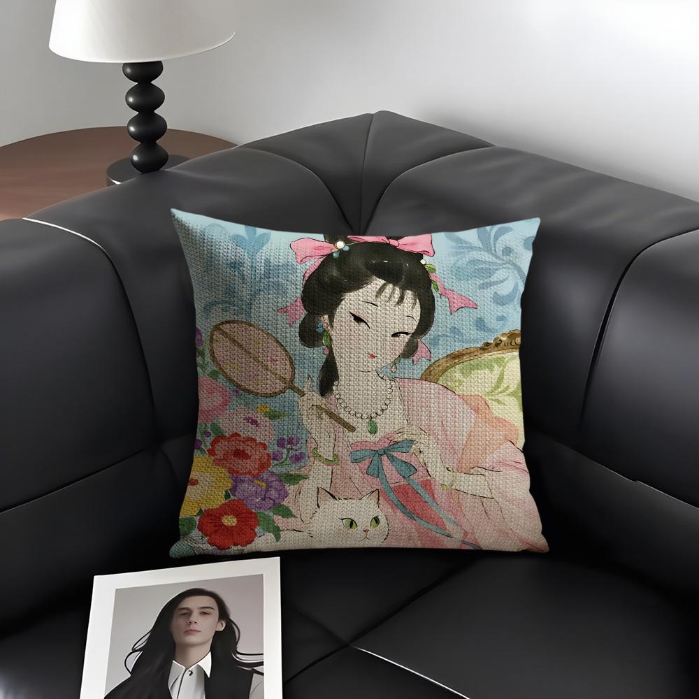 Chinese Ancient Style Beauty Cushion Cover Natural Linen Organic Fabric DoubleSided Printing Sofa Home Decor Gift Pillow Case