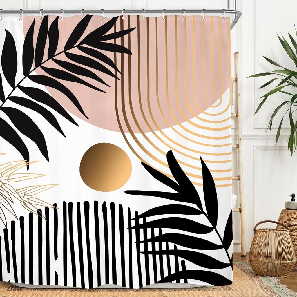 Abstract Leaves Shower Curtain Set Emerald Green Modern Tropical Mid Century Simple Minimalist Chic Polyester Waterproof Cloth