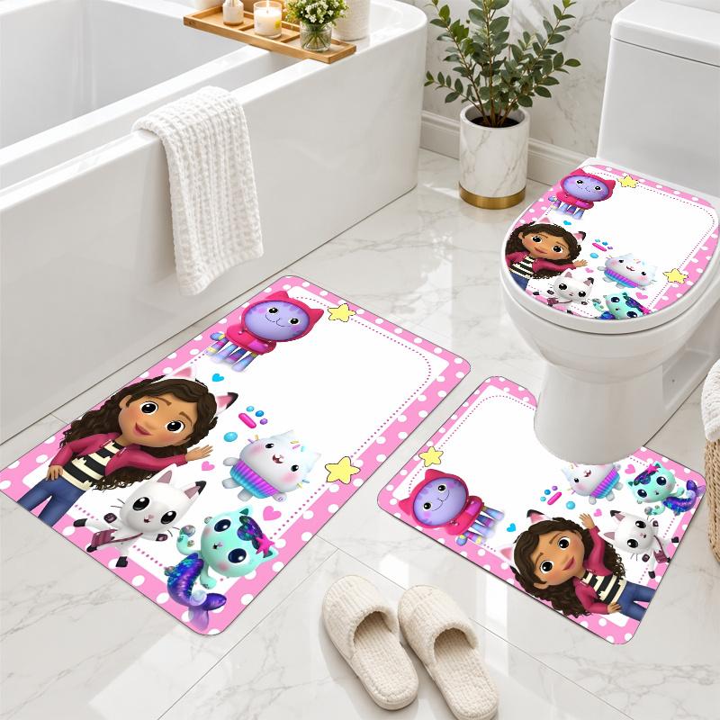 3Pcs Flannel Toilet Mat Set Gabby's Dollhouse Bathroom Rug Non Slip Bath Carpet Home Decor