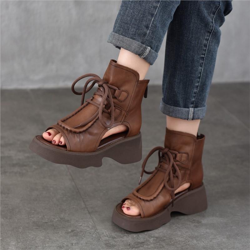 Johnature Женская обувь из натуральной кожи, римские сандалии, винтажные летние сапоги с застежкой-молнией сзади и открытым носком на толстой подошве