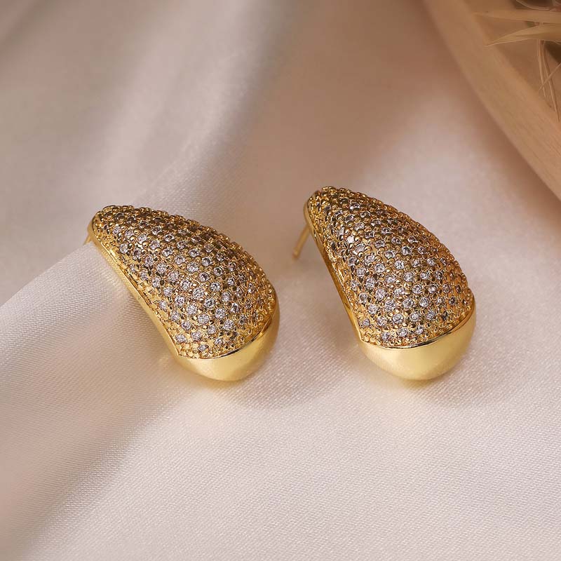 Korean Gold Zircon Water Drop Stud Earrings for Women Exquisite Elegant Thick Hollow Teardrop Earrings Wedding Jewelry