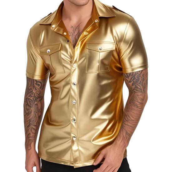 Мужская металлизированная рубашка на пуговицах с коротким рукавом и лацканами, облегающий сценический костюм для ночного клуба, вечеринок, баров, клубов