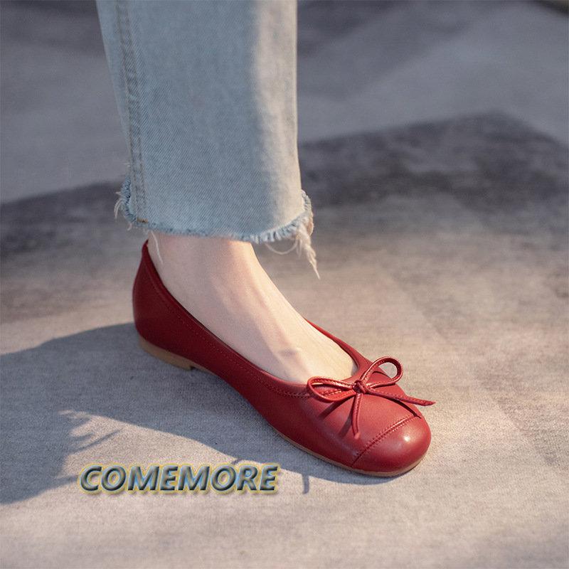 Балетки на плоской подошве, женские классические повседневные лоферы, элегантные красные модные легкие туфли с бантом для женщин, весна/осень, ПУ