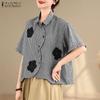 Women Turn Down Collar Loose Plaid Print Short Sleeve Blouse