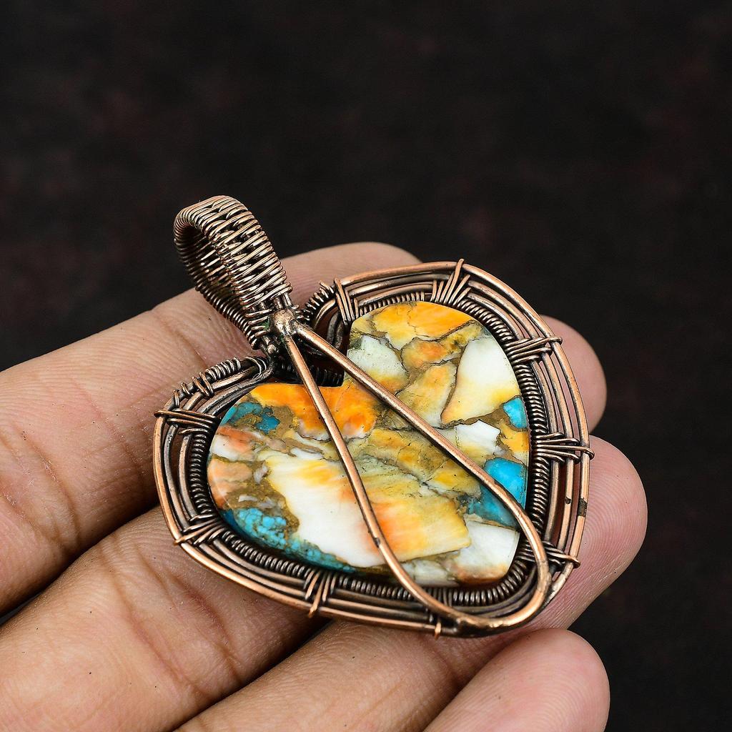 Колючая устрица, медная бирюзовая подвеска, кулон с драгоценным камнем, медная проволока, кулон, медные украшения, кулон в форме сердца ручной работы, подарок для нее