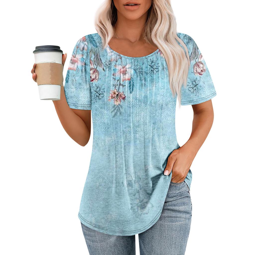 Women's Fashion Printed Casual Pleated Round Short Sleeve T-Shirt Top