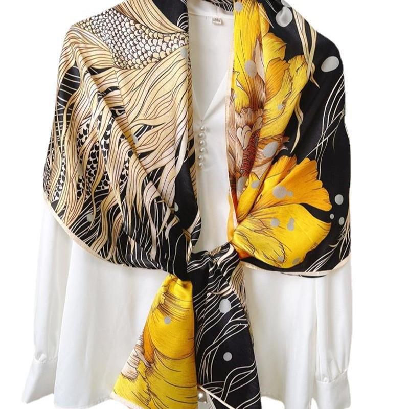 Koi Peony Silk Scarf Women'S Spring And Autumn Thin Mulberry Silk Scarf Golden Autumn Elegant Versatile Long Shade Shawl