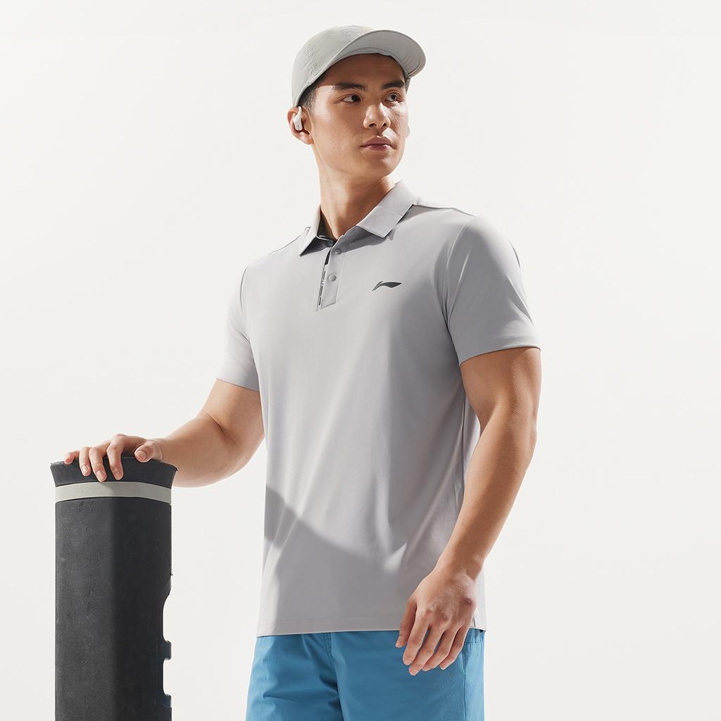 Li-Ning Простая однотонная удобная дышащая универсальная повседневная футболка-поло с коротким рукавом мужская топы геологически-серый APLV047-5