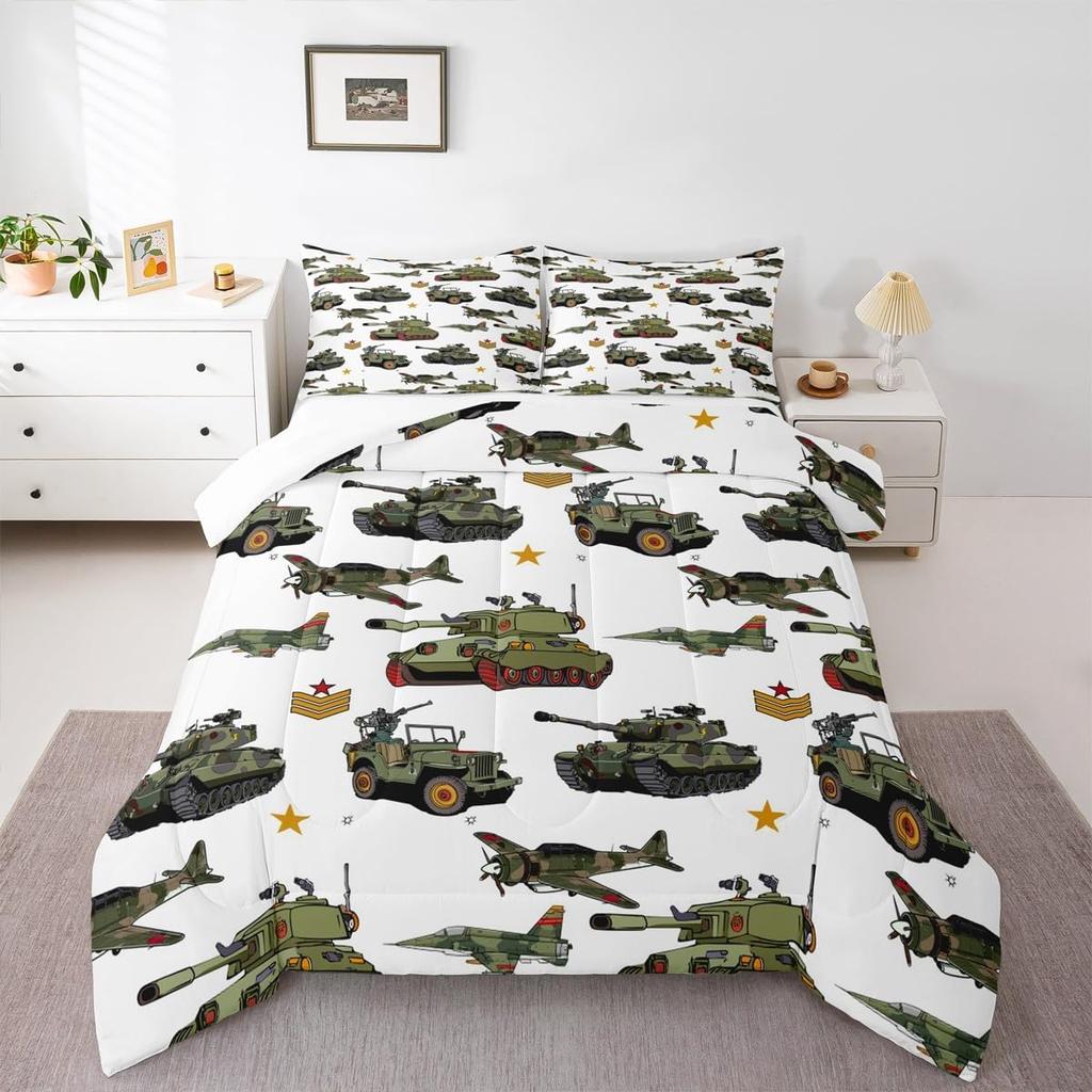 War Theme Set Full Size Aircraft Tanks Bedding Set for Kids Boys Bedroom Decor Retro Army Green Airplane Tanks Soft Polyester