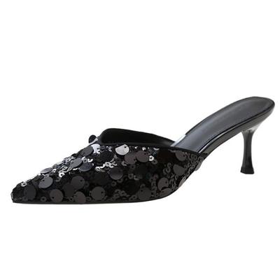 Сексуальные блестящие женские туфли на высоком каблуке, туфли-мюли с острым носком, летние туфли 2024 года, босоножки с открытой пяткой, туфли-лодочки, шлепанцы, женские шлепанцы